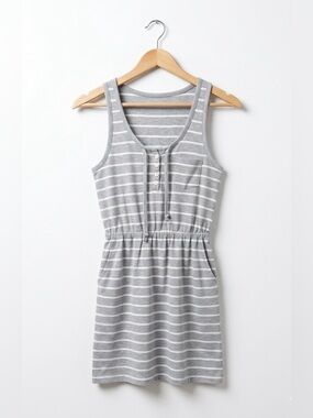 Levi’s Heather Gray and White Striped Sleeveless Henley Style Pocket Mini Dress